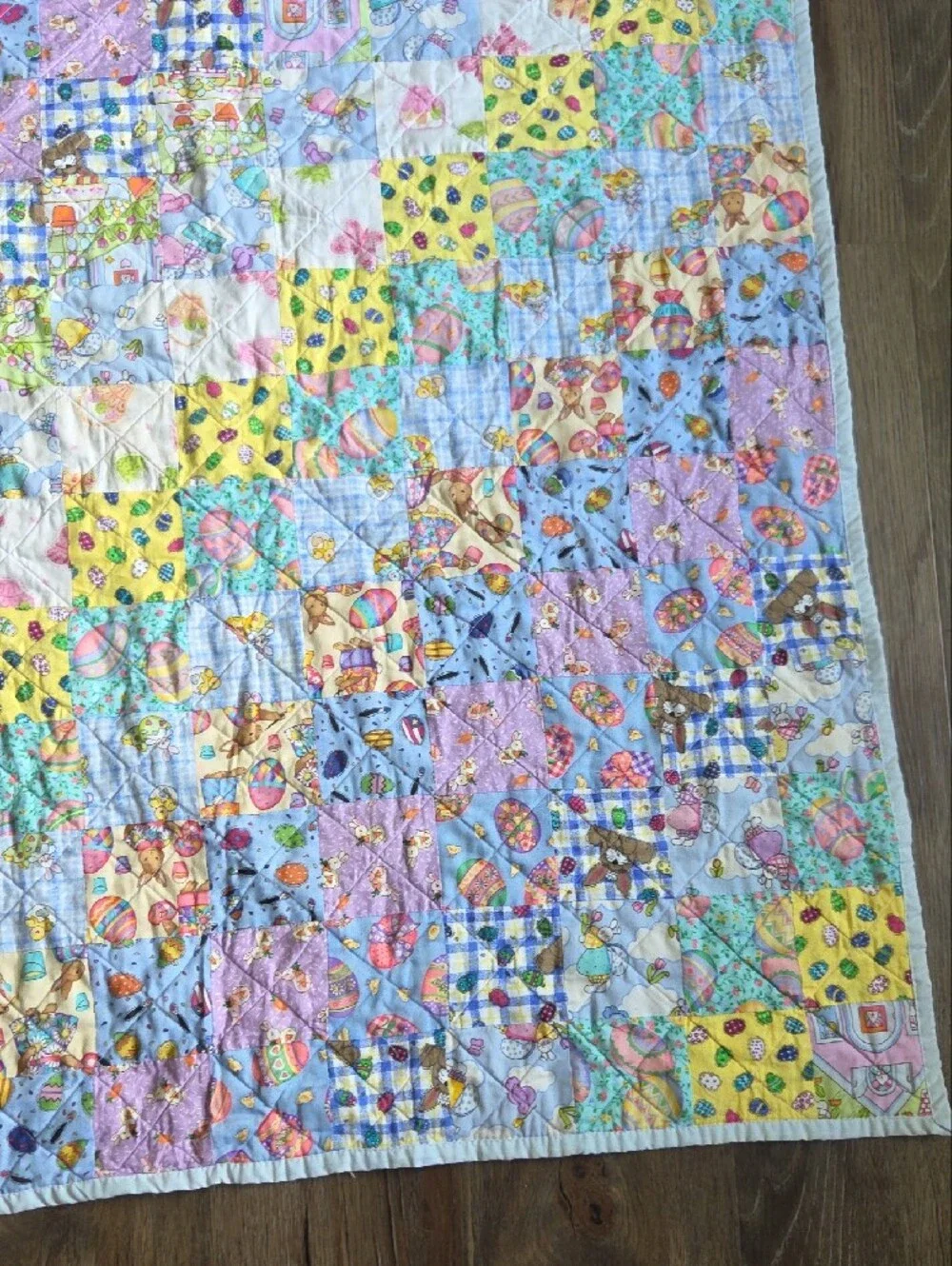 Handmade Pastel Patchwork  Baby Quilt Easter  Bunny Yellow Purple Blue